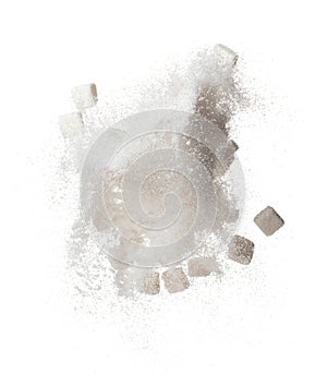 Pure Refined Sugar cube flying explosion, white crystal sugar abstract cloud fly. Pure refined sugar cubes splash stop in air,