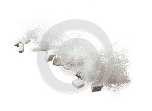 Pure Refined Sugar cube flying explosion, white crystal sugar abstract cloud fly. Pure refined sugar cubes splash stop in air,