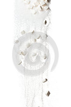 Pure Refined Sugar cube flying explosion, white crystal sugar abstract cloud fly. Pure refined sugar cubes splash stop in air,