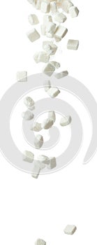 Pure Refined Sugar cube flying explosion, white crystal sugar abstract cloud fly. Pure refined sugar cubes splash stop in air,
