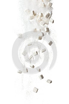 Pure Refined Sugar cube flying explosion, white crystal sugar abstract cloud fly. Pure refined sugar cubes splash stop in air,