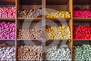 Pure silk yarns in various colors in the shelf