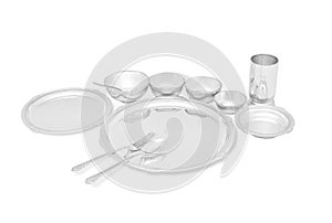 Pure silver dinner set isolated on white background