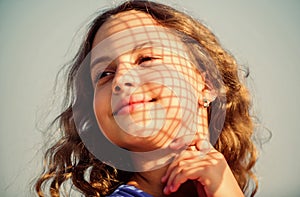 pure smile. enjoy good weather. kid fashion. pretty child outdoor. natural beauty. small girl long culry hair. happy