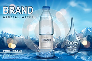 Pure sparkling water ad, plastic bottle with splash on snow with mountain background. Transparent Drinking water liquid