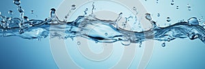 Pure Water Splashing With Clear Droplets. Dynamic Water Splash On Blue Background. Generative AI
