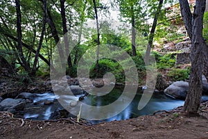 Pure water stream flowing over rocky mountain terrain in the Kakopetria forest,  Troodos, Cyprus