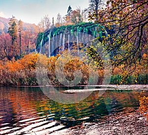 Pure water waterfall in Plitvice National Park. Colorful autumn landscape of Croatia, Europe. Amazing outdoor scene of forest in O