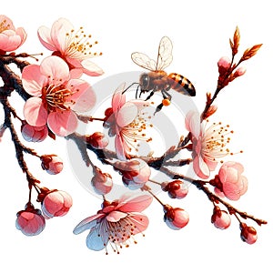 On a pure white background, isolated on a white background, Branch of a blossoming apple tree close up