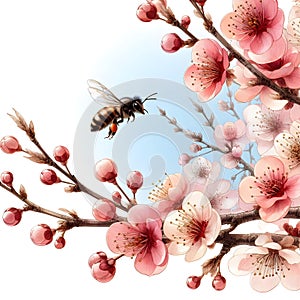 On a pure white background, isolated on a white background, Branch of a blossoming apple tree close up