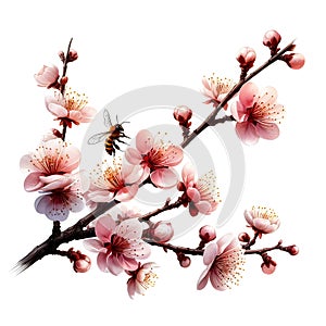 On a pure white background, isolated on a white background, Branch of a blossoming apple tree close up