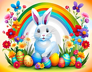 pure white bunny with Easter eggs characterized by floral allegories and bright colors and a rainbow background. hope, love, photo