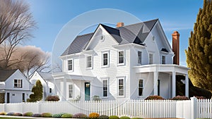 Pure white house in the garden with white picket fence