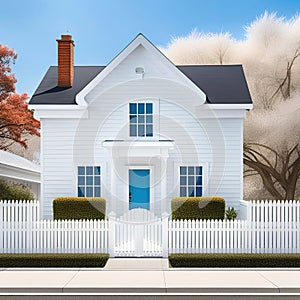 Pure white house in the garden with white picket fence