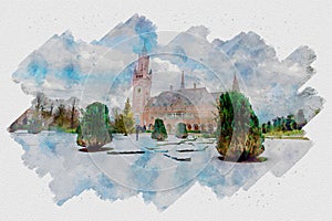 Pure white snow falling on the Peace Palace watercolor painting