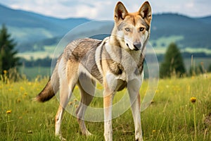 Purebred beautiful breed of dog Czechoslovakian Wolfdog, background nature.