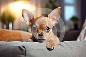 Purebred beige Chihuahua puppy on grey sofa in modern, cozy, bright living room. Copy space. Pedigreed dog. Cute puppy