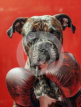 Purebred German Boxer wearing gloves. Cute funny dog concept