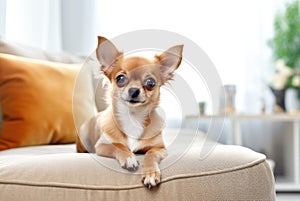 Purebred pedigreed light brown Chihuahua dog lies on a white sofa in a bright, cozy living room with a modern interior