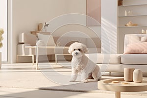 Purebred pedigreed white Bichon Frize dog in a modern interior of a bright, cozy living room in a Scandinavian style in