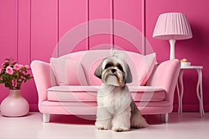 Purebred pedigreed white Bichon Frize Shih Tzu dog in charming, cozy, light pink living room with modern interior and