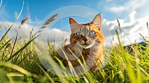 Purebred somali cat in the grass outside. Generative Ai