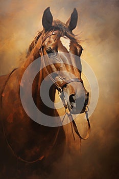 Purebred sports dressage horse portrait in dark stable background