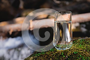 Purified fresh drinking water in a glass goblet from a mountain lake stands in the sunlight on a stone covered with moss