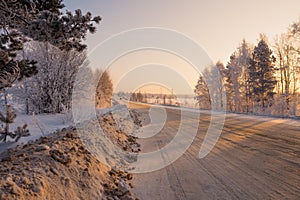 Purified road from snow in cold morning