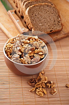 Purified walnuts, rye bread photo