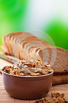 Purified walnuts, rye bread photo