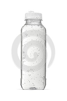 Purified water in plastic bottle with water droplets and ice crystals isolated on a white