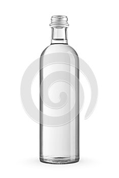 Purified water in a transparent glass bottle with aluminum screw cap isolated