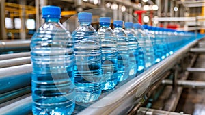 Purifying and packaging drinking water in plastic bottles at a hygienic production plant photo