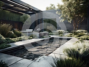 Purifying Plants in a Moody Industrial Garden with Futuristic Metal Accents and Geometric Shapes in a Linear Layout .