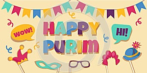 Purim background. Birthday party banner with clown hat, mask and paper glasses, happy items for jewish carnival. Festive