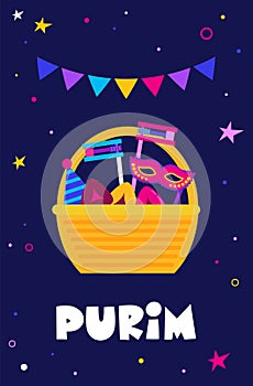 Purim basket, Purim gift basket with foods, wine, gragger and carnival costume accessories on pink, web banner