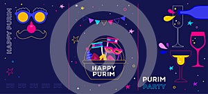 Purim Carnival, colorful geometric background with clown, splashes, speech bubbles, masks and confetti.