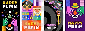 Purim carnival greeting card collection, Happy Carnival, colorful geometric background with splashes, speech bubbles