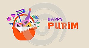 Purim Carnival, Happy Carnival, colorful geometric background with clown, splashes, speech bubbles, masks and confetti