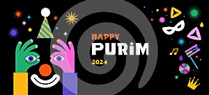 Purim Carnival, Happy Carnival, colorful geometric background with clown, splashes, speech bubbles, masks and confetti