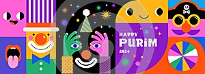 Purim Carnival, Happy Carnival, colorful geometric background with clown, splashes, speech bubbles, masks and confetti