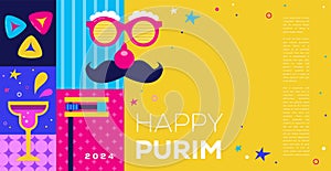 Purim Carnival- Jewish holiday. clown masks, decoration, clown and confetti.