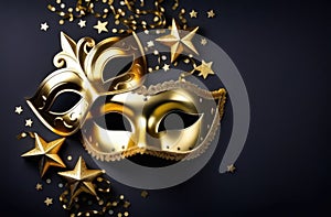 Purim carnival masks, top view. golden mask, gift box and confetti on black background, flatlay