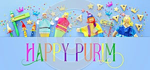 Purim celebration concept jewish carnival holiday over blue wooden background. Top view, Flat lay