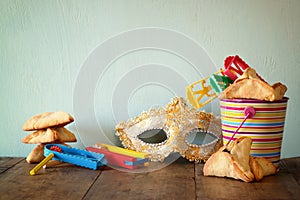 Purim celebration concept (jewish carnival holiday). selective focus