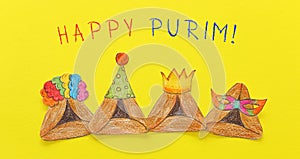 Purim celebration concept & x28;jewish carnival holiday& x29;. Traditional hamantash cookies cutted from paper and painted.