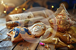 Purim Celebration Scene with Hamantaschen, Groggers, Masks, and Megillah Scrolls on a Wooden Background photo