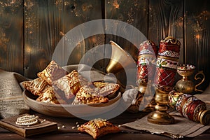 Purim Celebration Scene with Hamantaschen, Groggers, Masks, and Megillah Scrolls on a Wooden Background photo