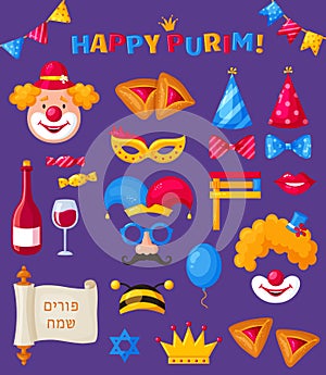 Purim design elements. Jewish holiday. Vector set